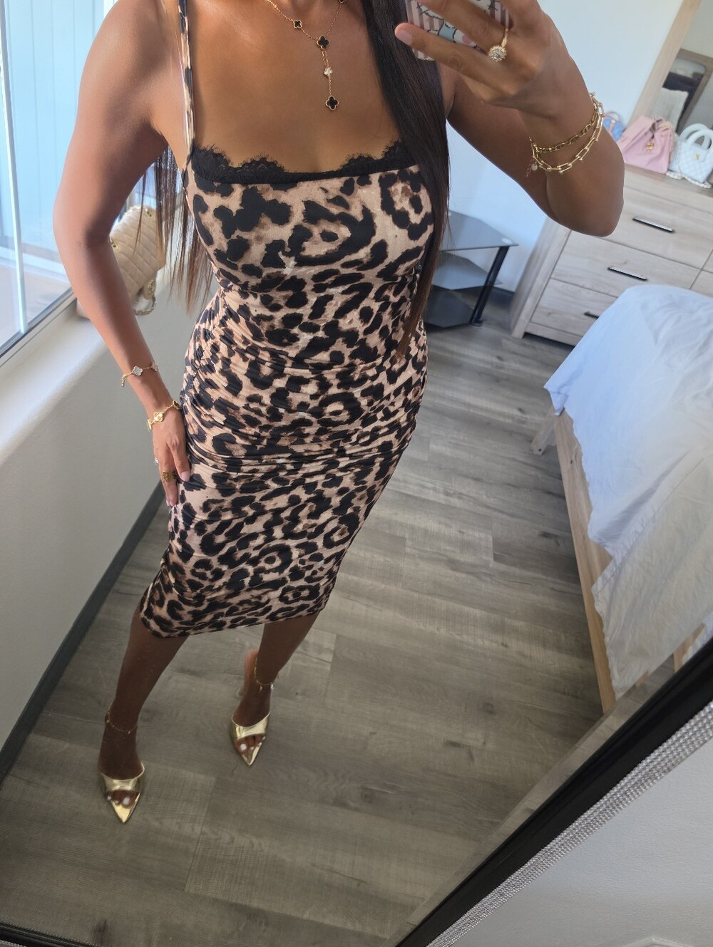 Leopard Print Slip Midi Dress - Nude/Black Very Stretchy - Picture 6 of 17